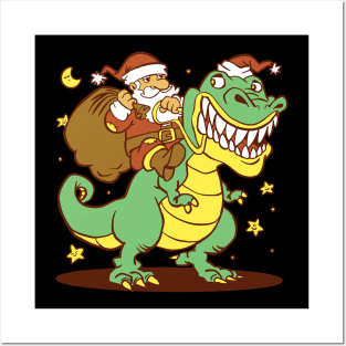 Funny Santa riding T-rex Posters and Art